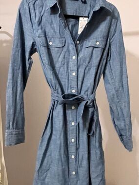 Lands' End Blue Chambray Button-Front Shirt Dress